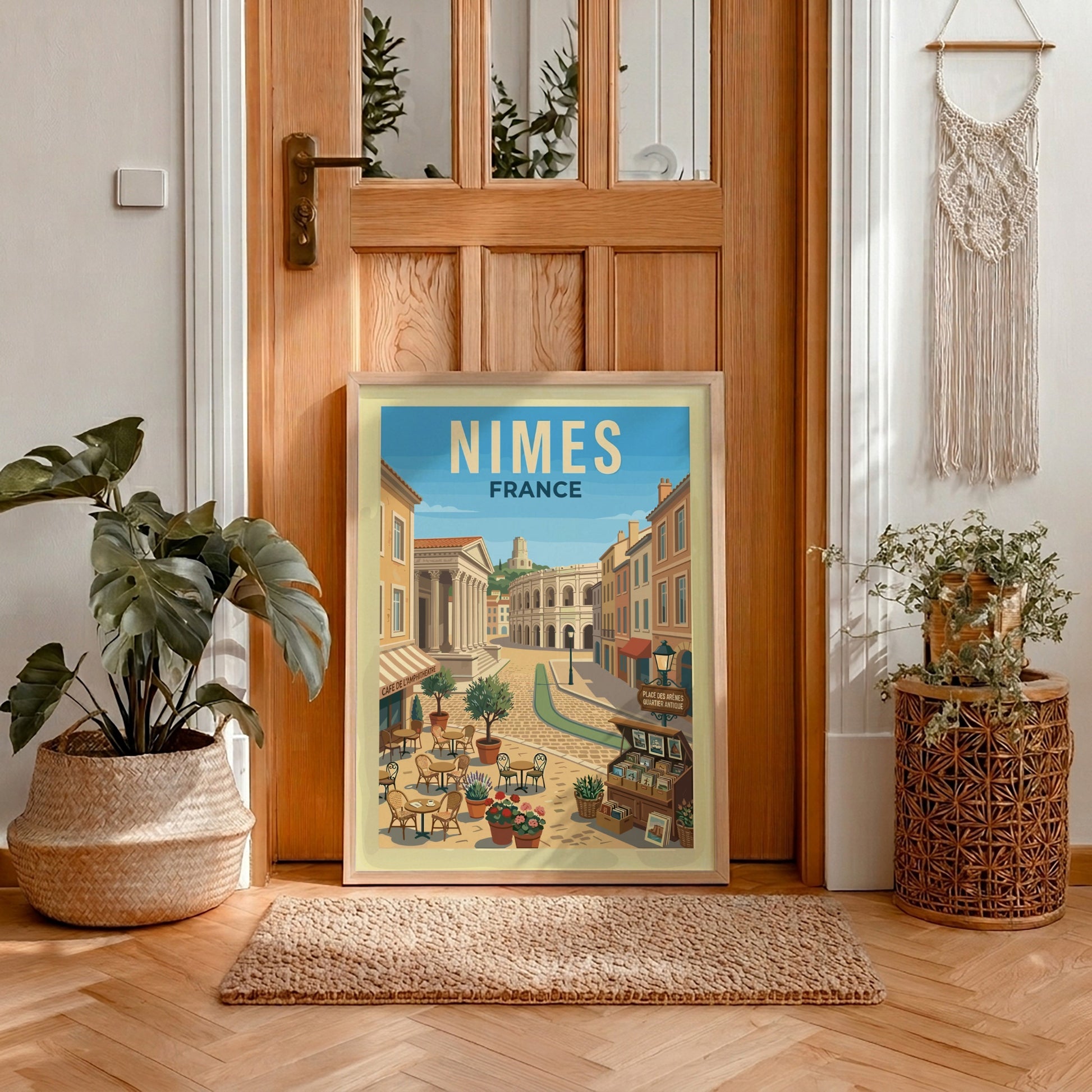 Vintage travel poster of Nimes, France, showing Roman amphitheater and street cafe scene.