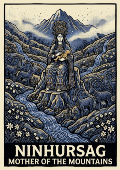 Poster of Ninhursag the mother of the mountains in blue with ibex figures