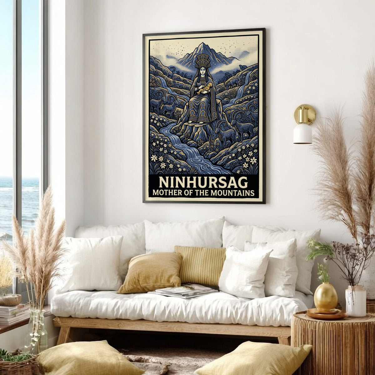 Poster of Ninhursag the mother of the mountains in blue with ibex figures