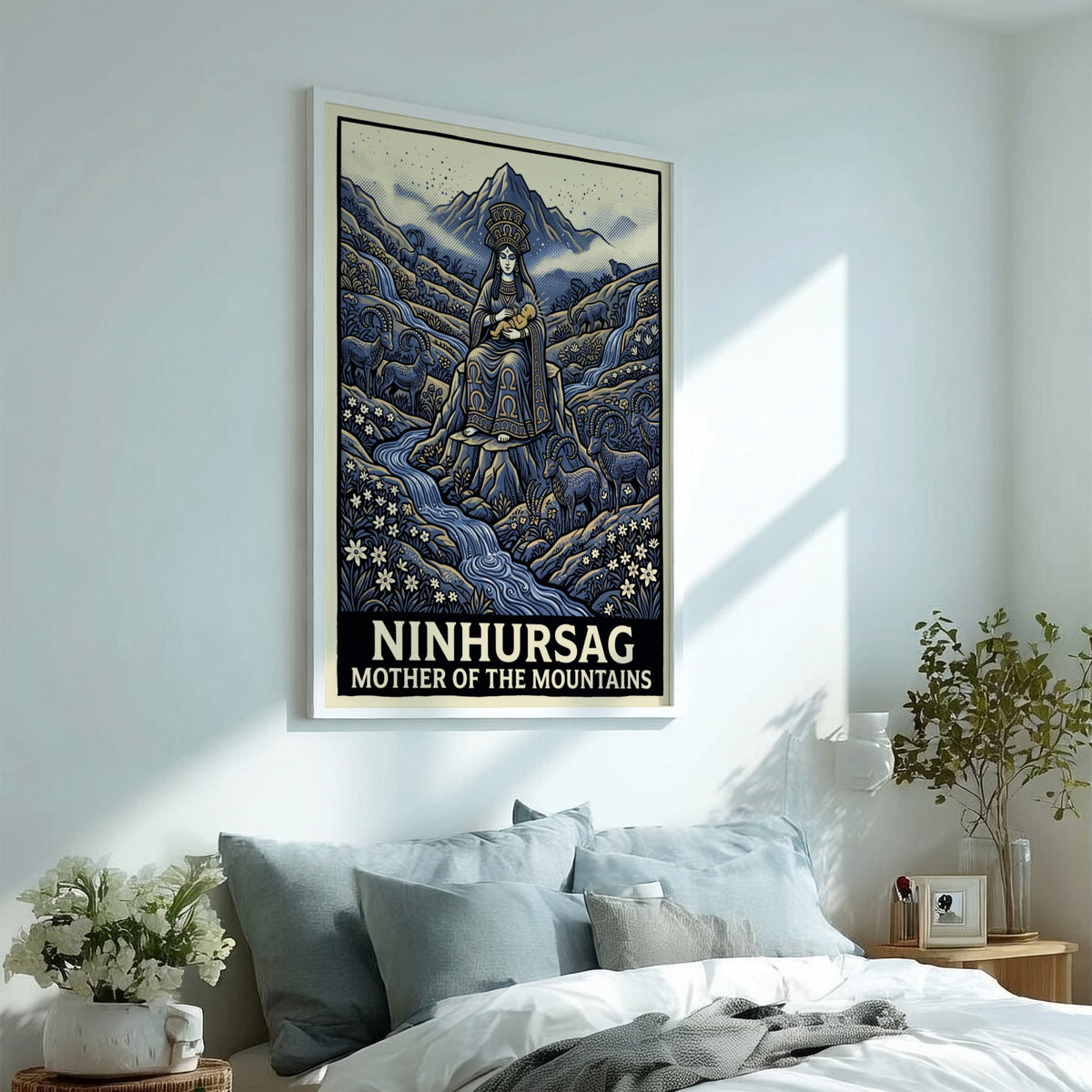 Poster of Ninhursag the mother of the mountains in blue with ibex figures