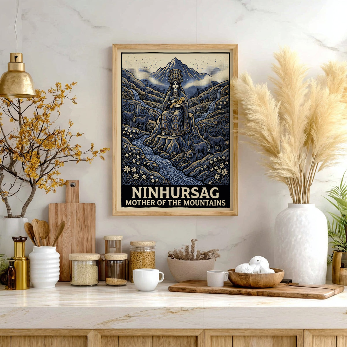 Poster of Ninhursag the mother of the mountains in blue with ibex figures