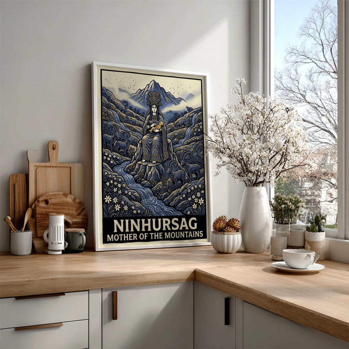Poster of Ninhursag the mother of the mountains in blue with ibex figures