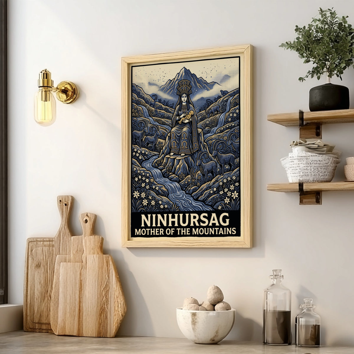 Poster of Ninhursag the mother of the mountains in blue with ibex figures