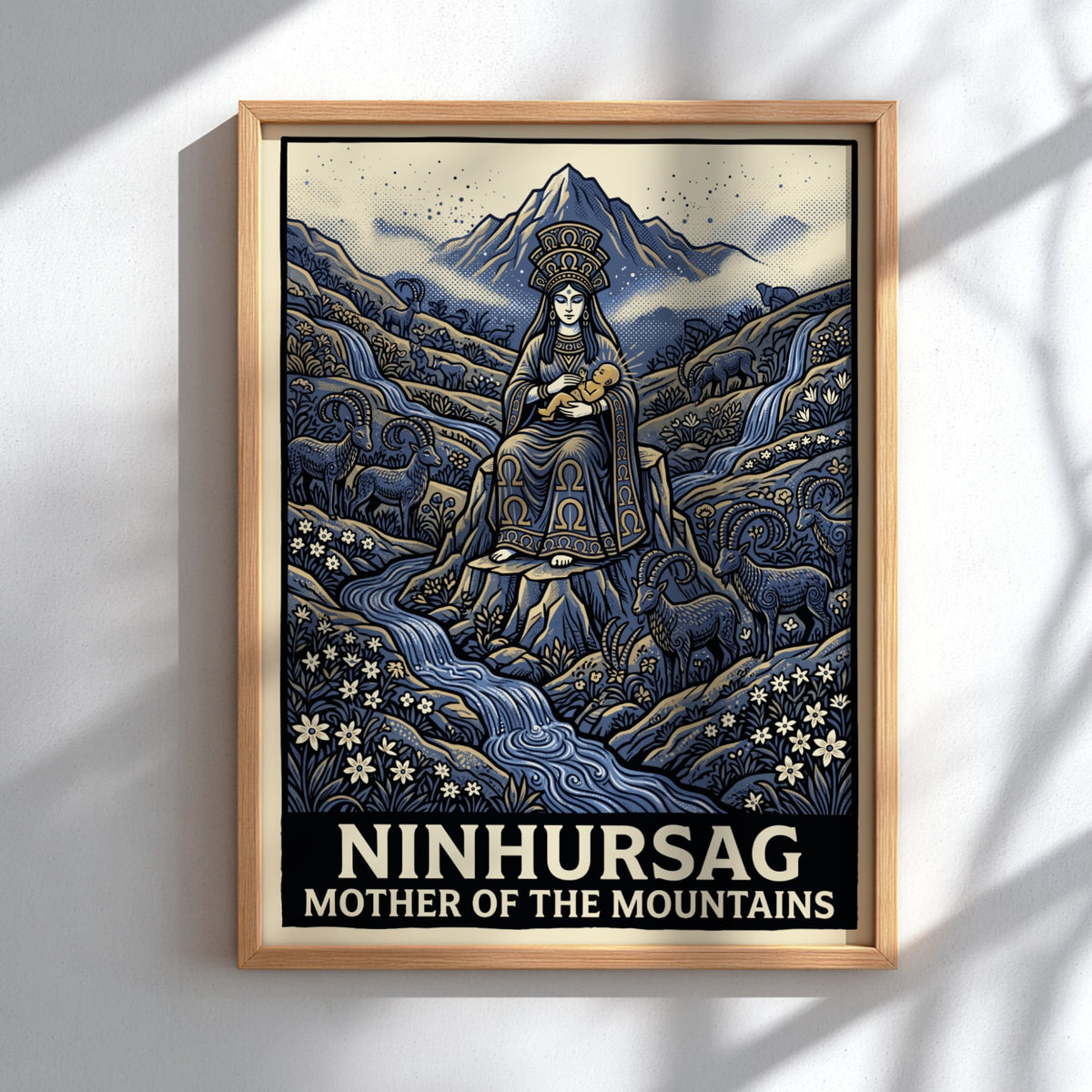 Poster of Ninhursag the mother of the mountains in blue with ibex figures