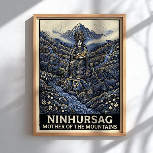 Poster of Ninhursag the mother of the mountains in blue with ibex figures