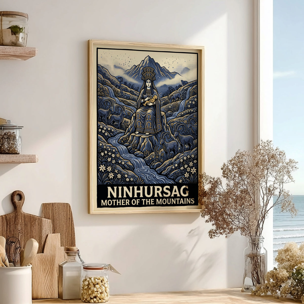 Poster of Ninhursag the mother of the mountains in blue with ibex figures