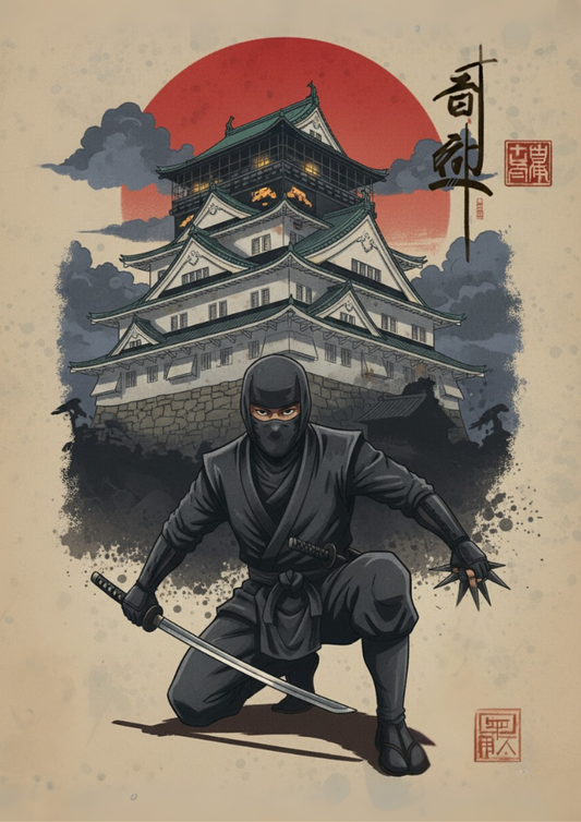 Ninja with a sword in front of a Japanese castle under a red sun