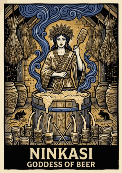Poster of Ninkasi Goddess of Beer stirring a large wooden brewing vat of beer