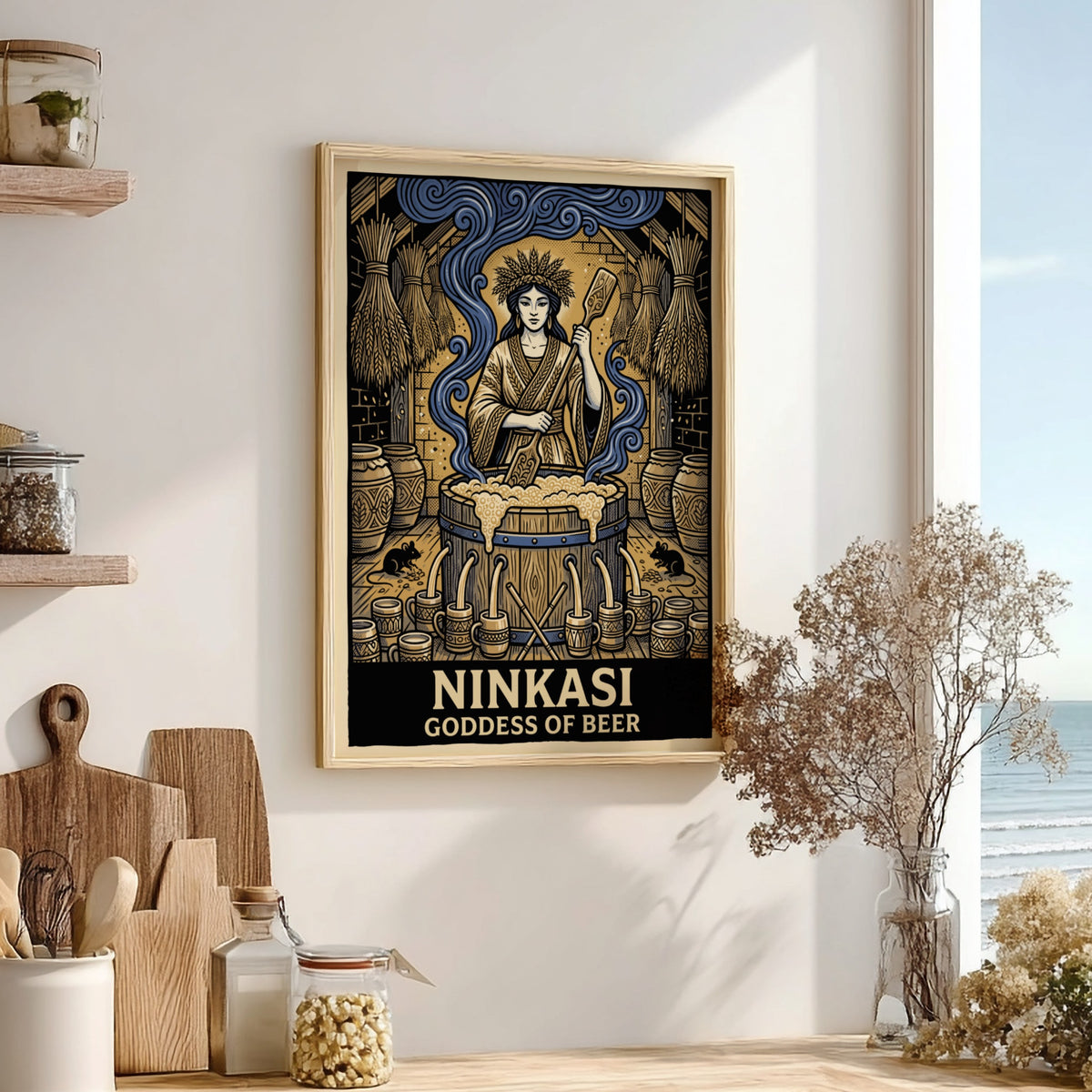 Poster of Ninkasi Goddess of Beer stirring a large wooden brewing vat of beer