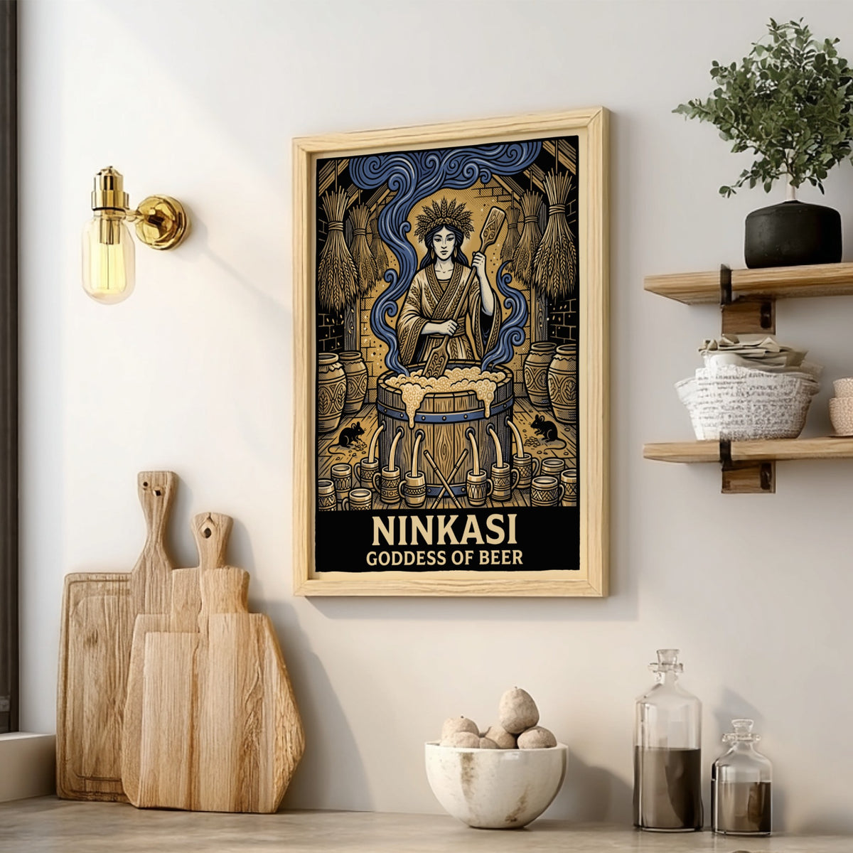 Poster of Ninkasi Goddess of Beer stirring a large wooden brewing vat of beer