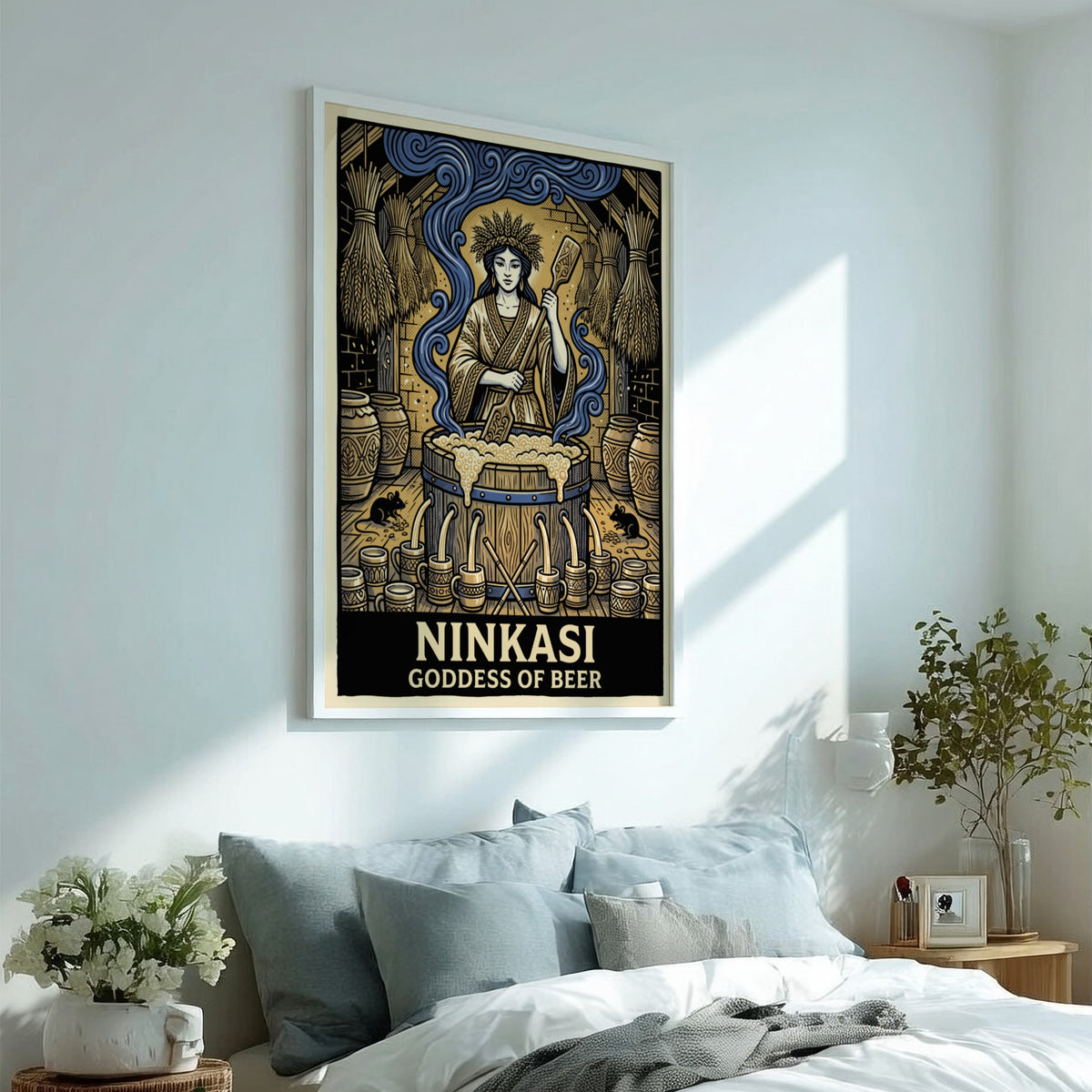 Poster of Ninkasi Goddess of Beer stirring a large wooden brewing vat of beer