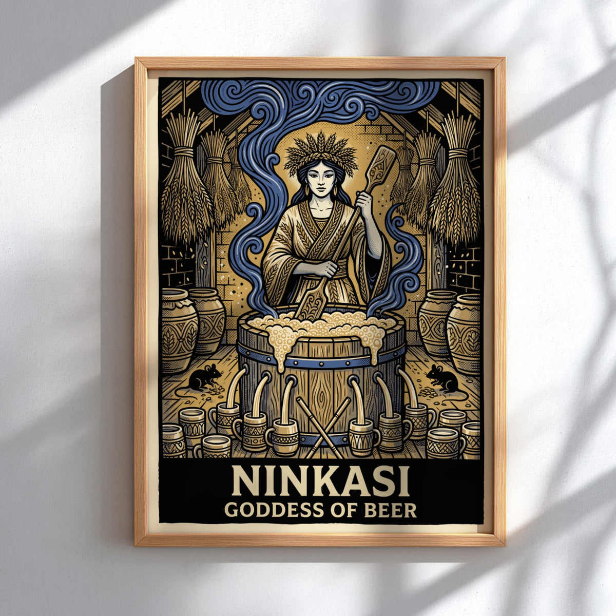 Poster of Ninkasi Goddess of Beer stirring a large wooden brewing vat of beer