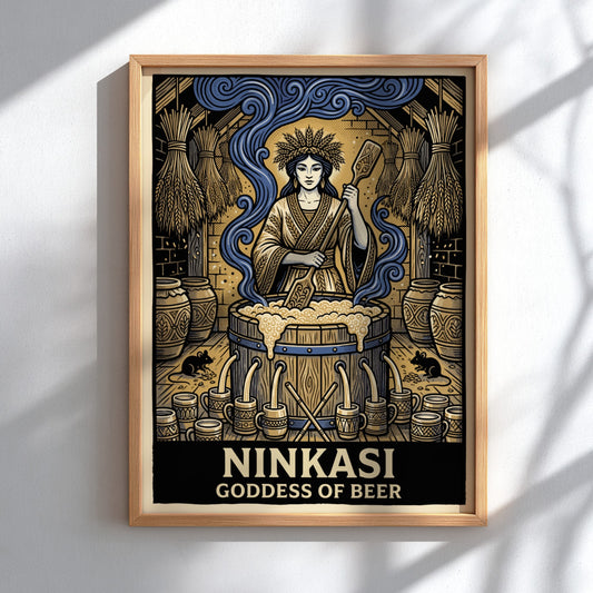 Poster of Ninkasi Goddess of Beer stirring a large wooden brewing vat of beer
