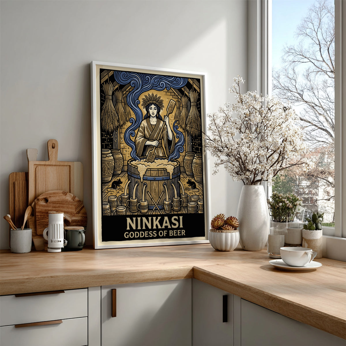 Poster of Ninkasi Goddess of Beer stirring a large wooden brewing vat of beer