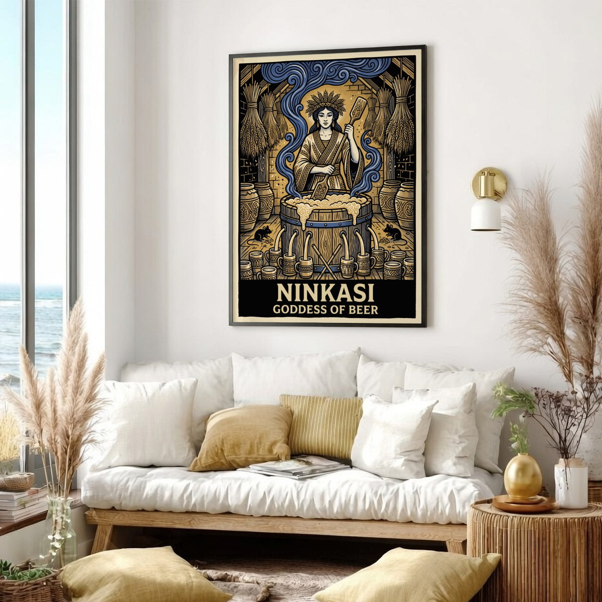 Poster of Ninkasi Goddess of Beer stirring a large wooden brewing vat of beer