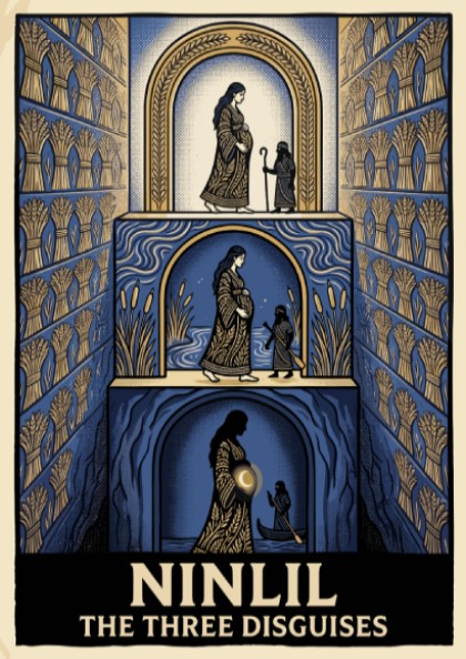 Poster featuring Ninlil The Three Disguises in a blue and gold layered illustration.