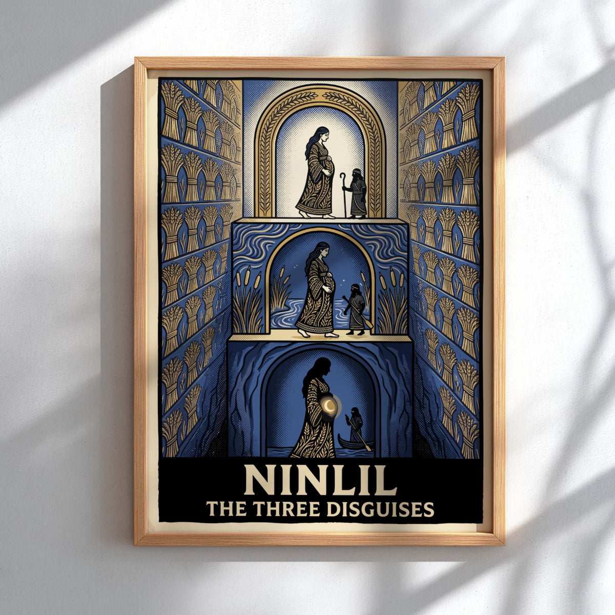 Poster featuring Ninlil The Three Disguises in a blue and gold layered illustration.