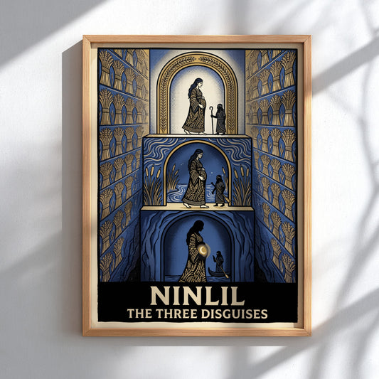 Poster featuring Ninlil The Three Disguises in a blue and gold layered illustration.
