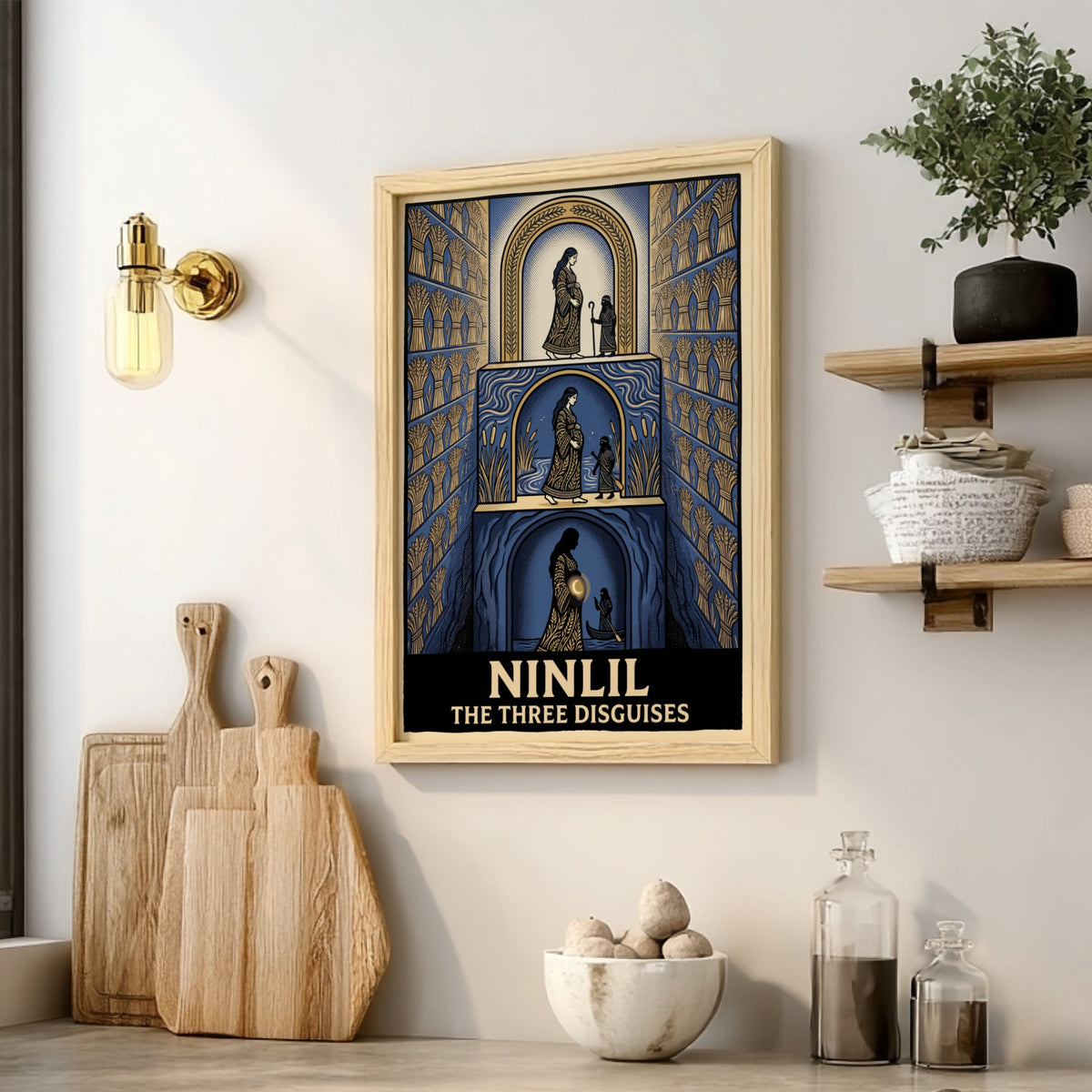 Poster featuring Ninlil The Three Disguises in a blue and gold layered illustration.
