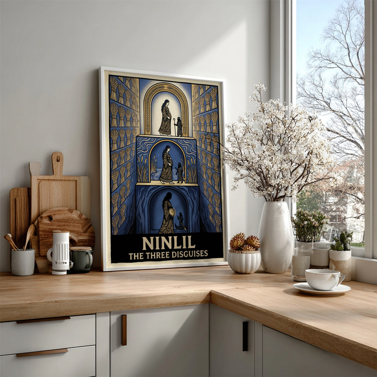 Poster featuring Ninlil The Three Disguises in a blue and gold layered illustration.