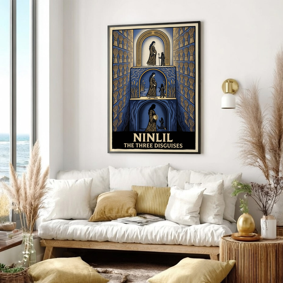 Poster featuring Ninlil The Three Disguises in a blue and gold layered illustration.