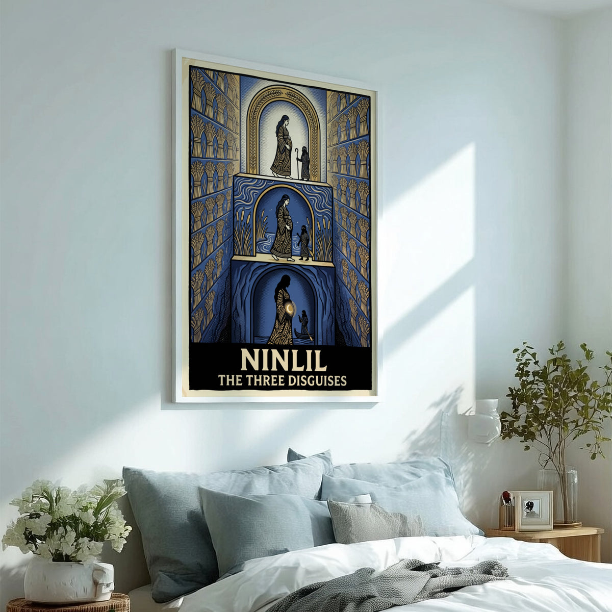 Poster featuring Ninlil The Three Disguises in a blue and gold layered illustration.