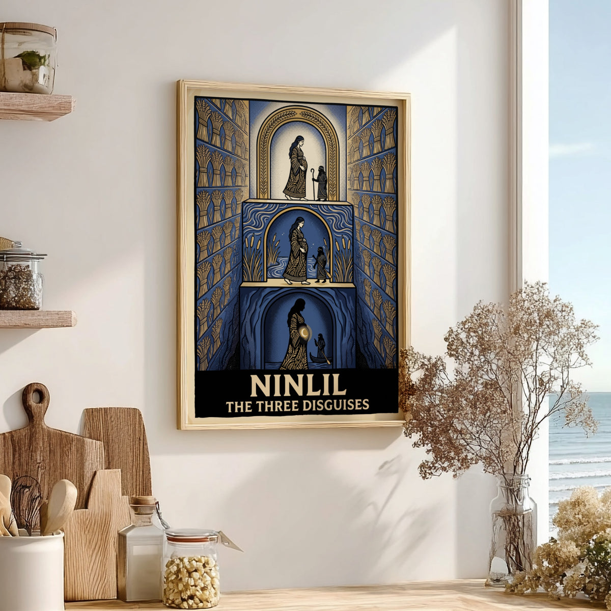 Poster featuring Ninlil The Three Disguises in a blue and gold layered illustration.
