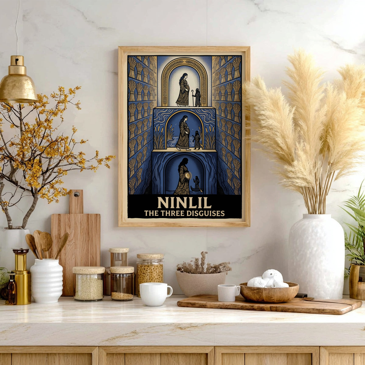 Poster featuring Ninlil The Three Disguises in a blue and gold layered illustration.