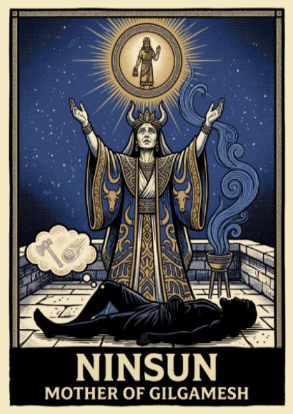 Poster featuring Ninsun Mother of Gilgamesh with blue and gold celestial mythological imagery.