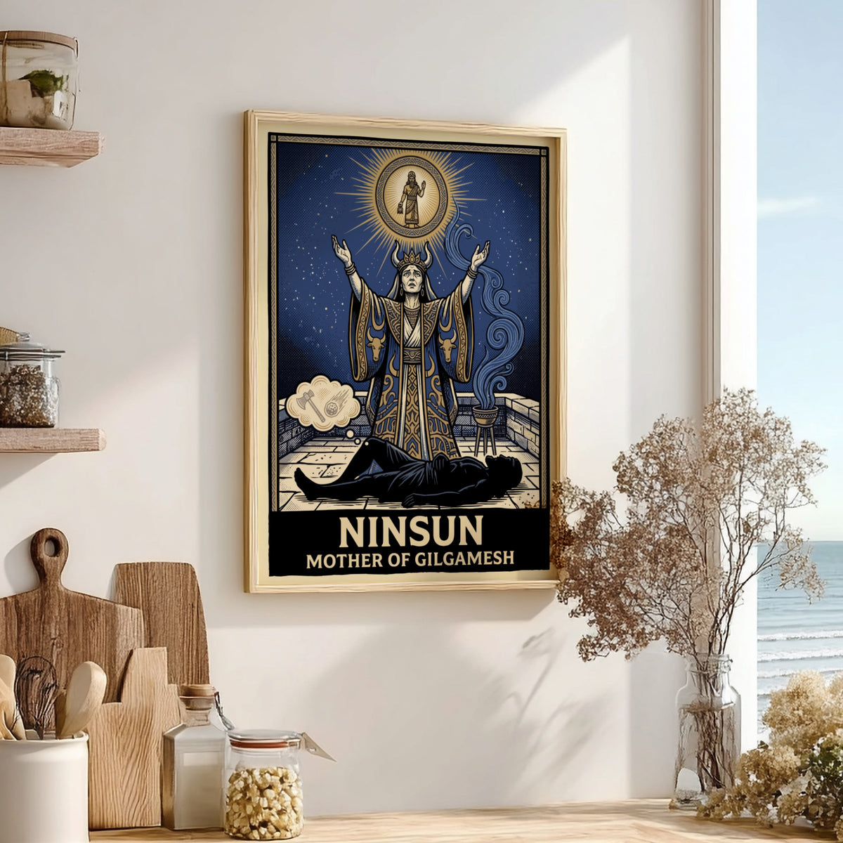 Poster featuring Ninsun Mother of Gilgamesh with blue and gold celestial mythological imagery.