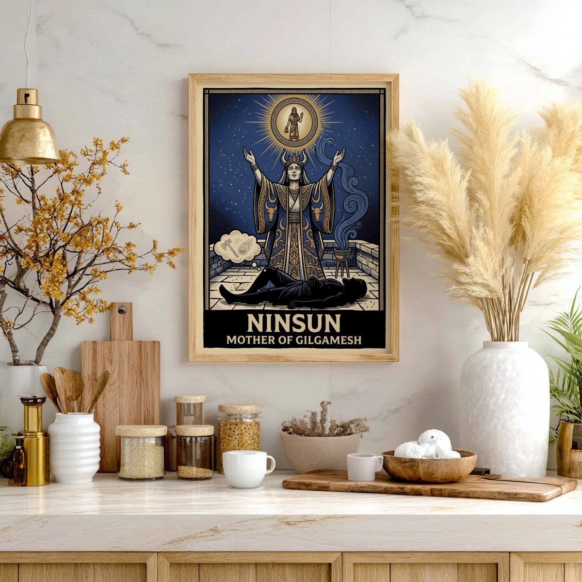 Poster featuring Ninsun Mother of Gilgamesh with blue and gold celestial mythological imagery.