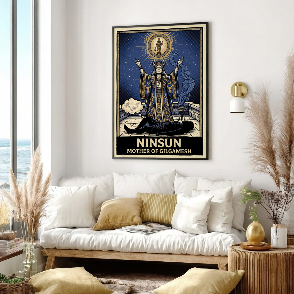 Poster featuring Ninsun Mother of Gilgamesh with blue and gold celestial mythological imagery.