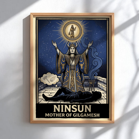 Poster featuring Ninsun Mother of Gilgamesh with blue and gold celestial mythological imagery.