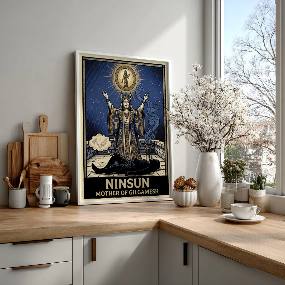 Poster featuring Ninsun Mother of Gilgamesh with blue and gold celestial mythological imagery.