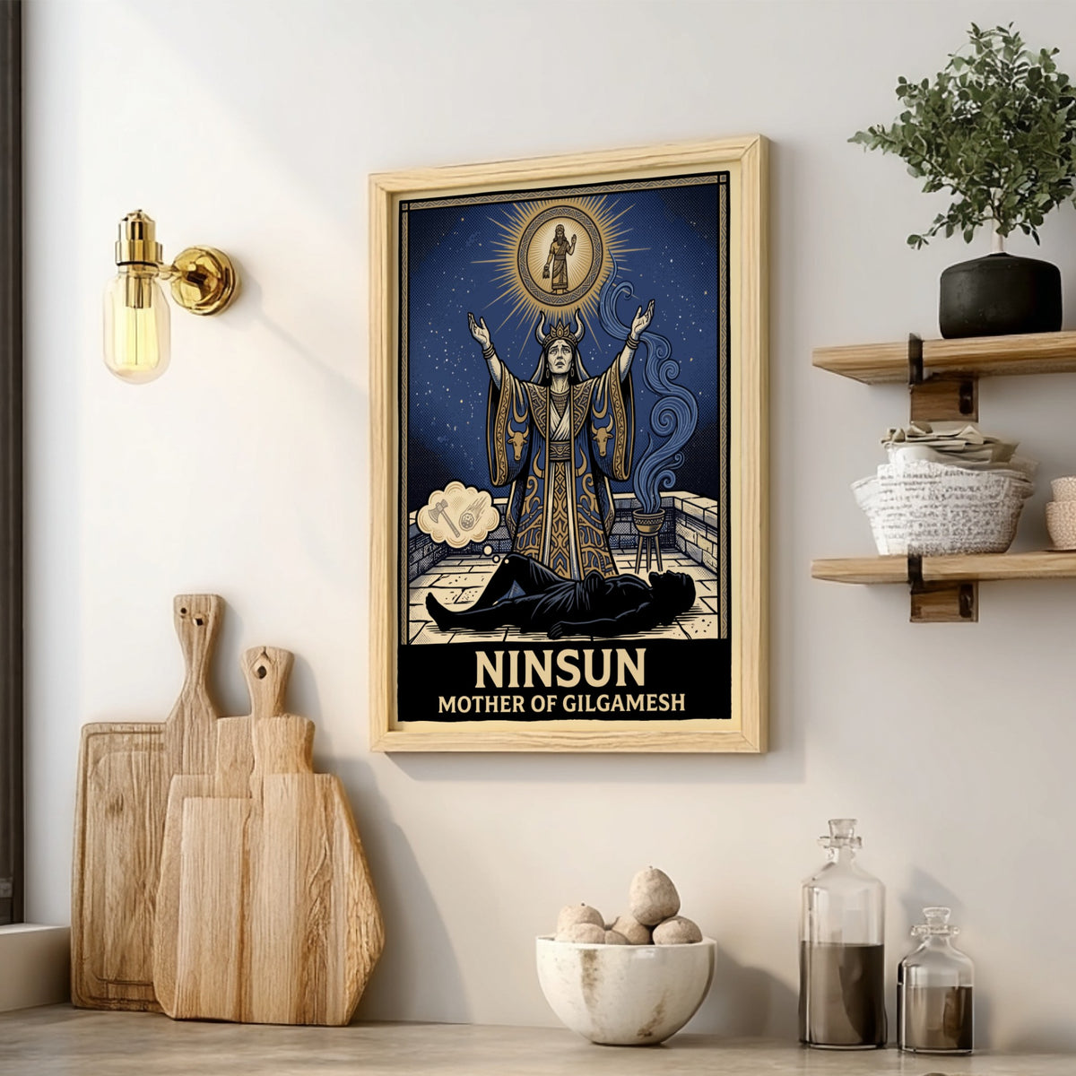 Poster featuring Ninsun Mother of Gilgamesh with blue and gold celestial mythological imagery.