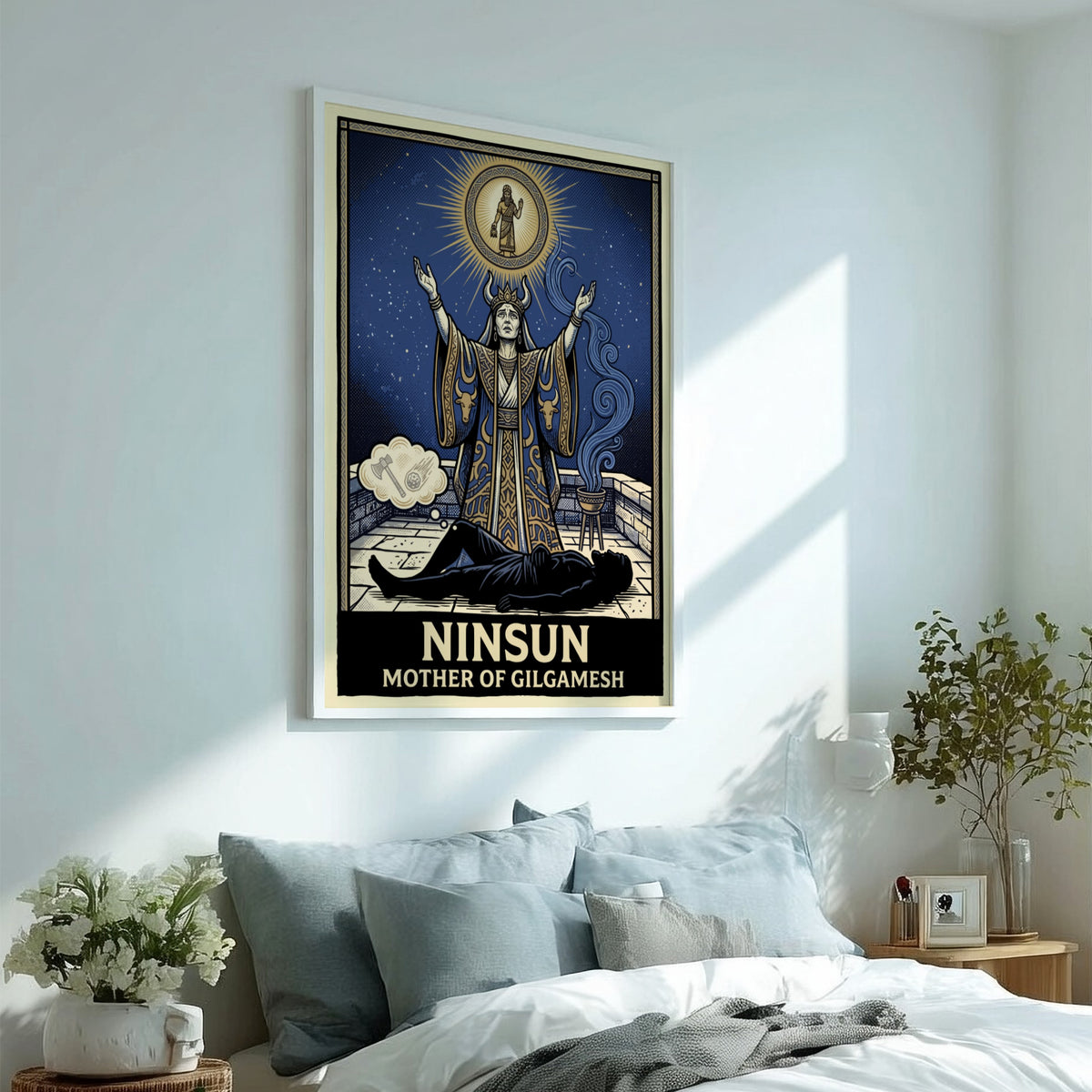 Poster featuring Ninsun Mother of Gilgamesh with blue and gold celestial mythological imagery.