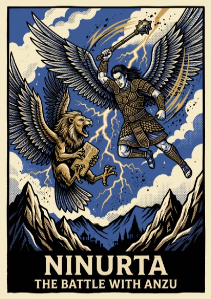Poster featuring Ninurta battling the lion-headed Anzu in a graphic blue and gold style.