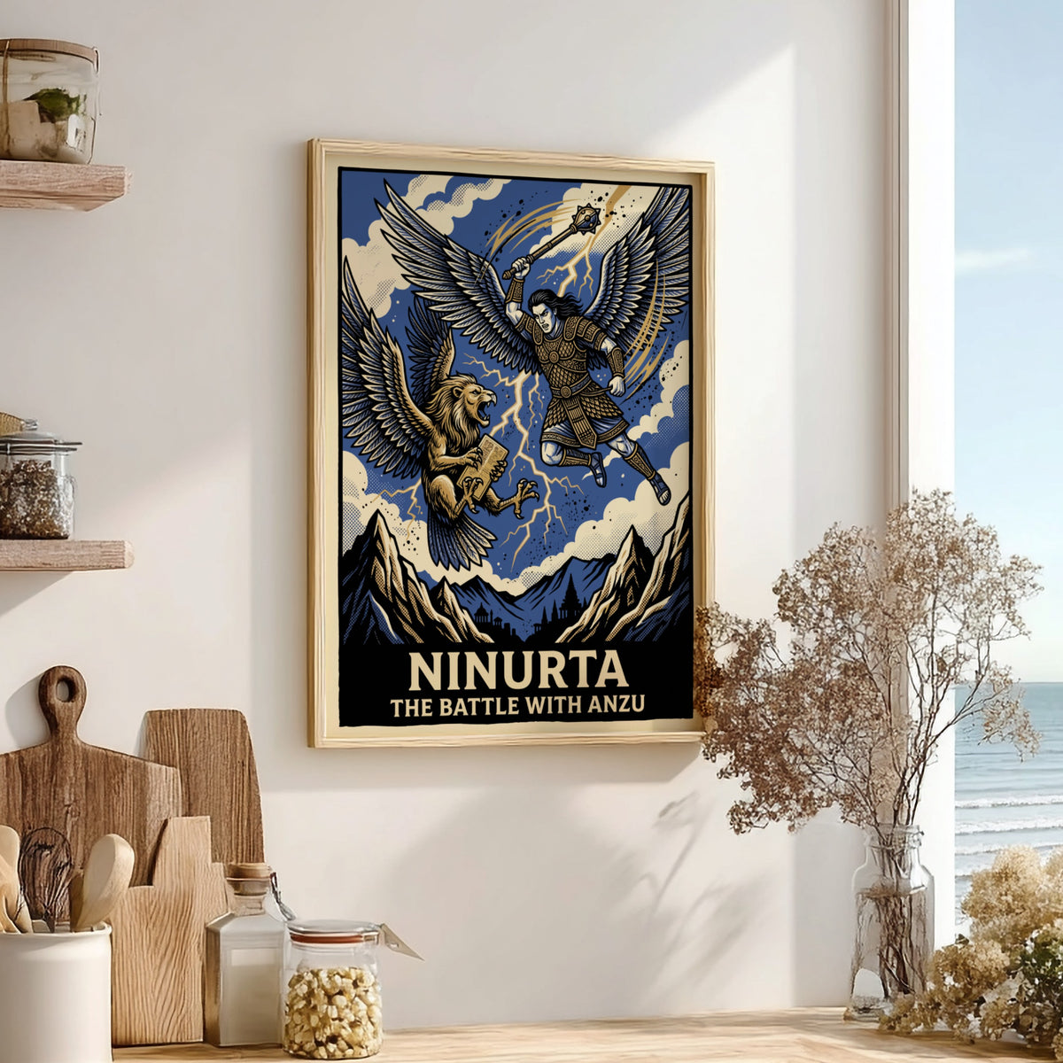 Poster featuring Ninurta battling the lion-headed Anzu in a graphic blue and gold style.