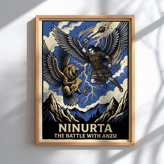 Poster featuring Ninurta battling the lion-headed Anzu in a graphic blue and gold style.