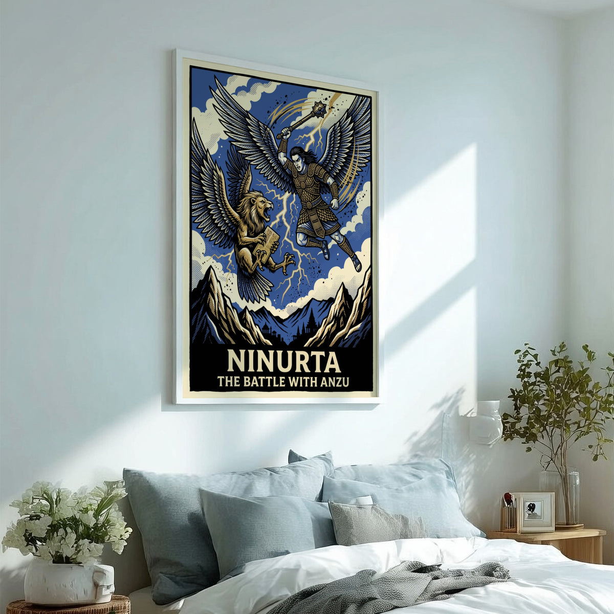 Poster featuring Ninurta battling the lion-headed Anzu in a graphic blue and gold style.