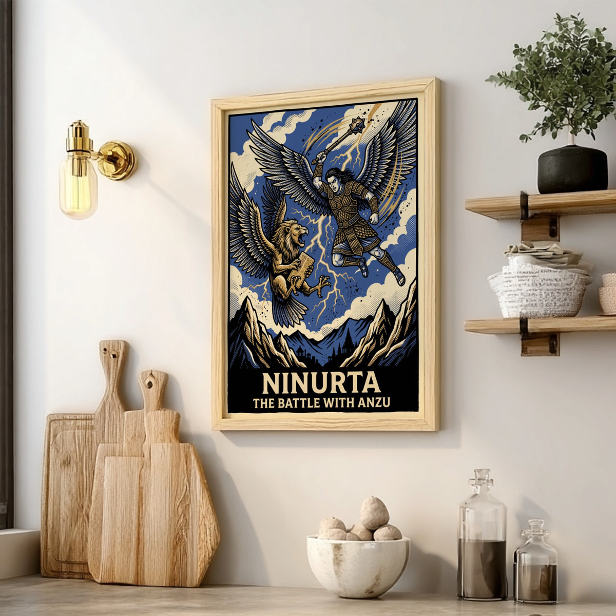 Poster featuring Ninurta battling the lion-headed Anzu in a graphic blue and gold style.