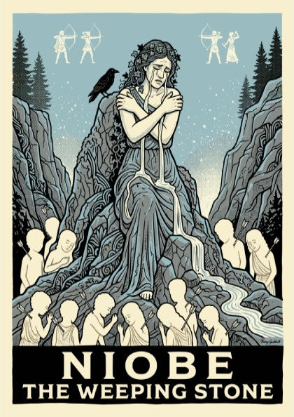 Niobe Greek mythology poster depicting a weeping woman as a stone, surrounded by children and mythological