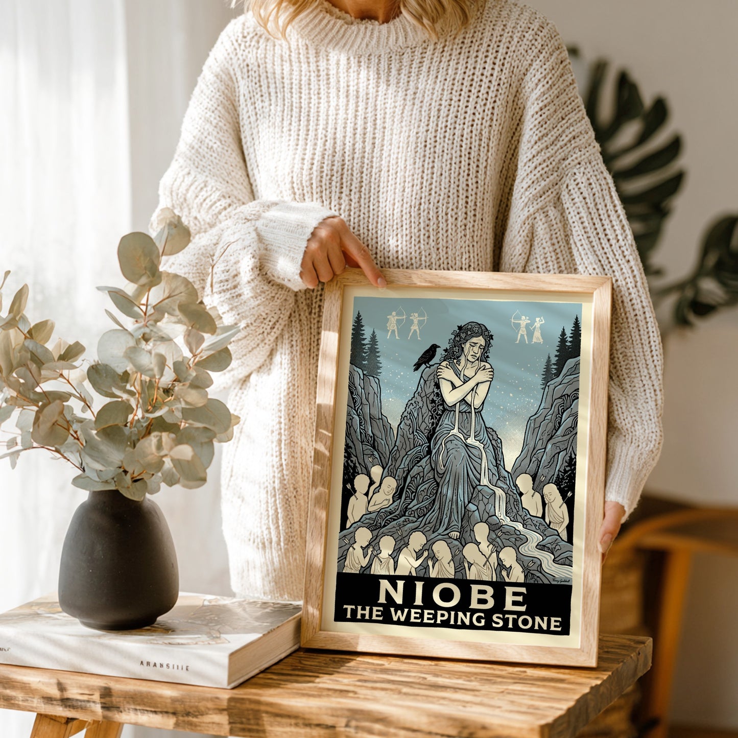 Niobe Greek mythology poster depicting a weeping woman as a stone, surrounded by children and mythological