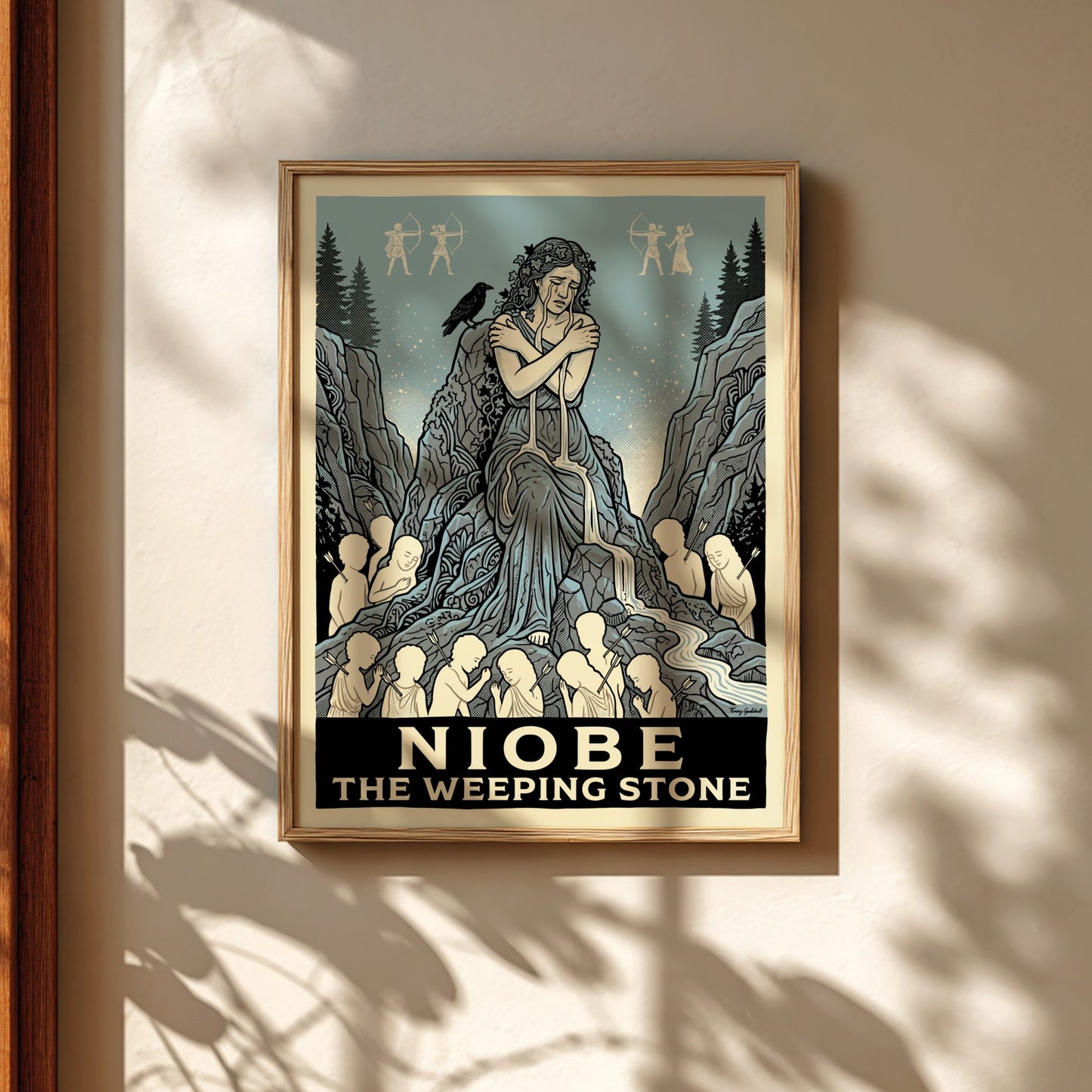 Niobe Greek mythology poster depicting a weeping woman as a stone, surrounded by children and mythological
