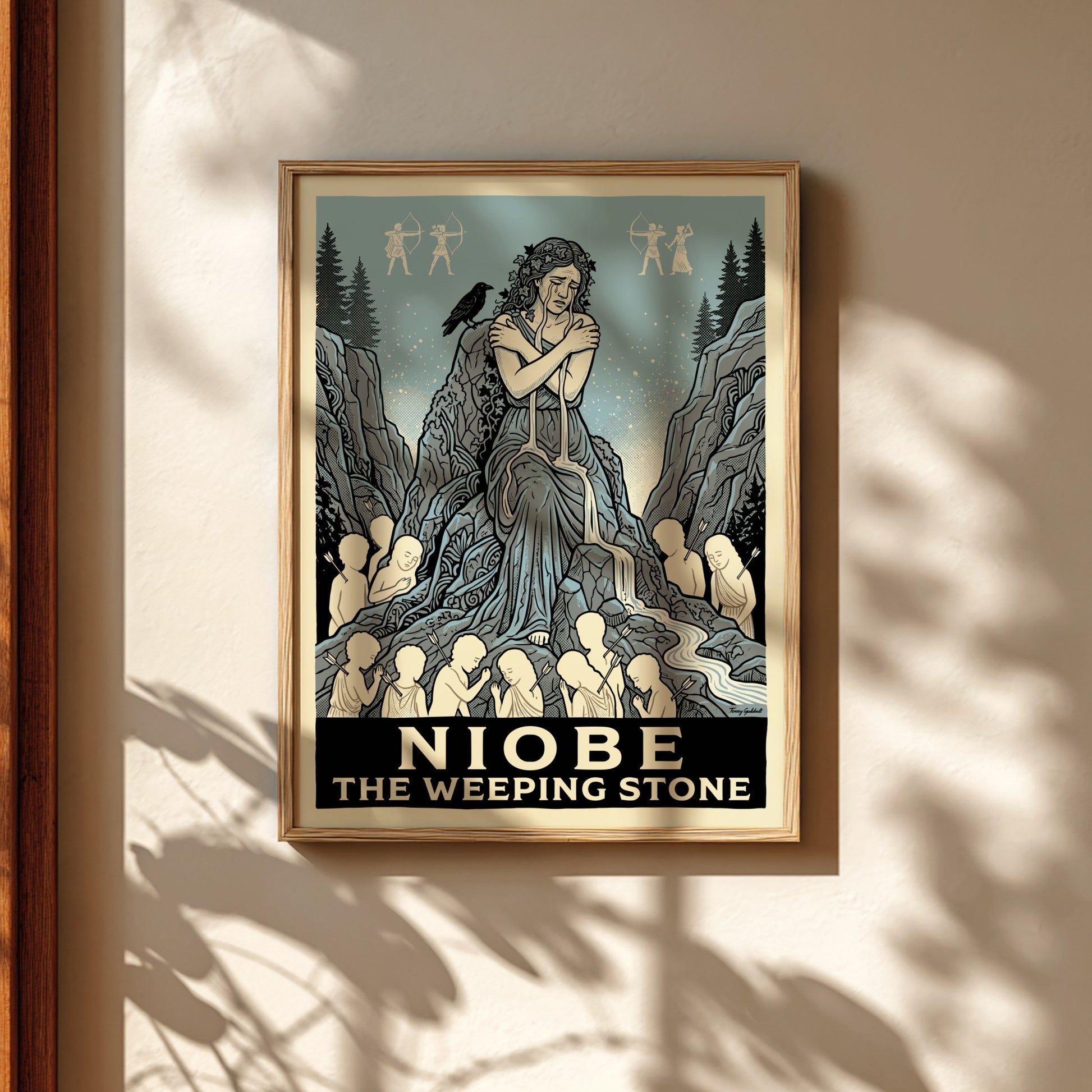 Niobe Greek mythology poster depicting a weeping woman as a stone, surrounded by children and mythological