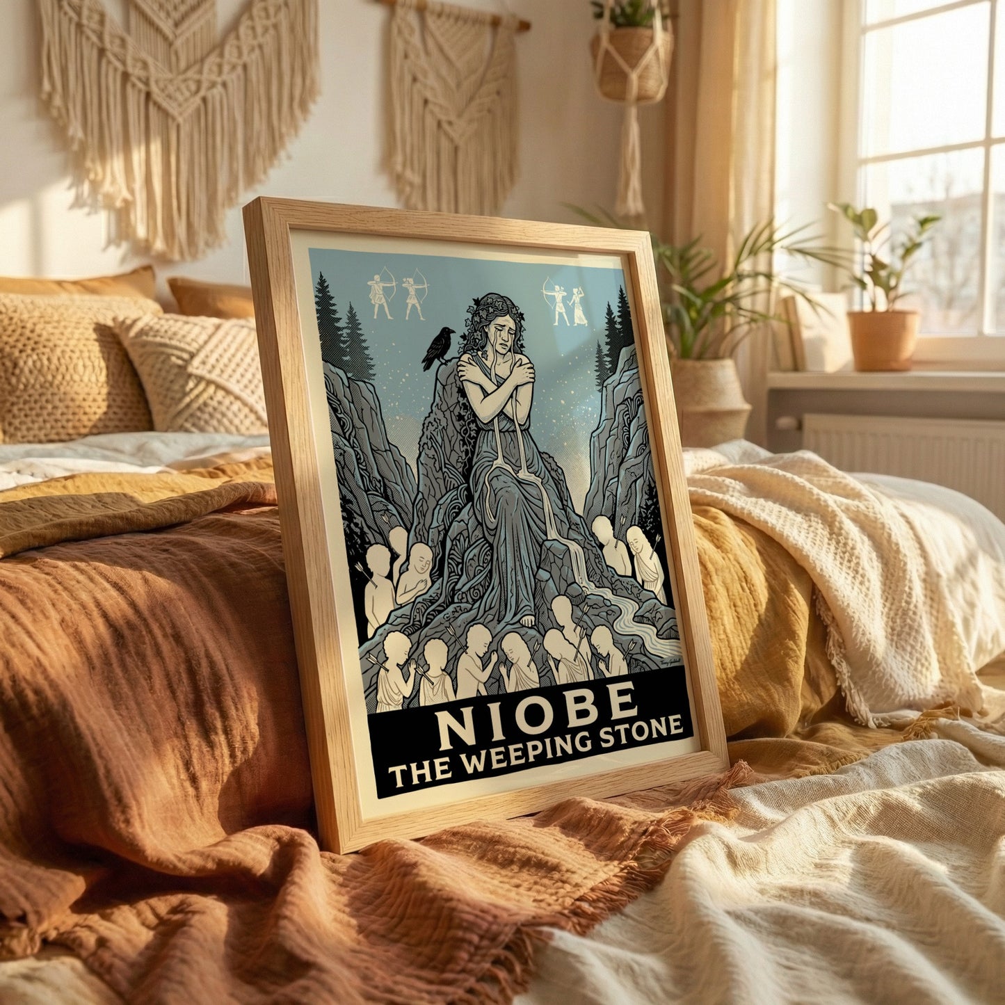 Niobe Greek mythology poster depicting a weeping woman as a stone, surrounded by children and mythological