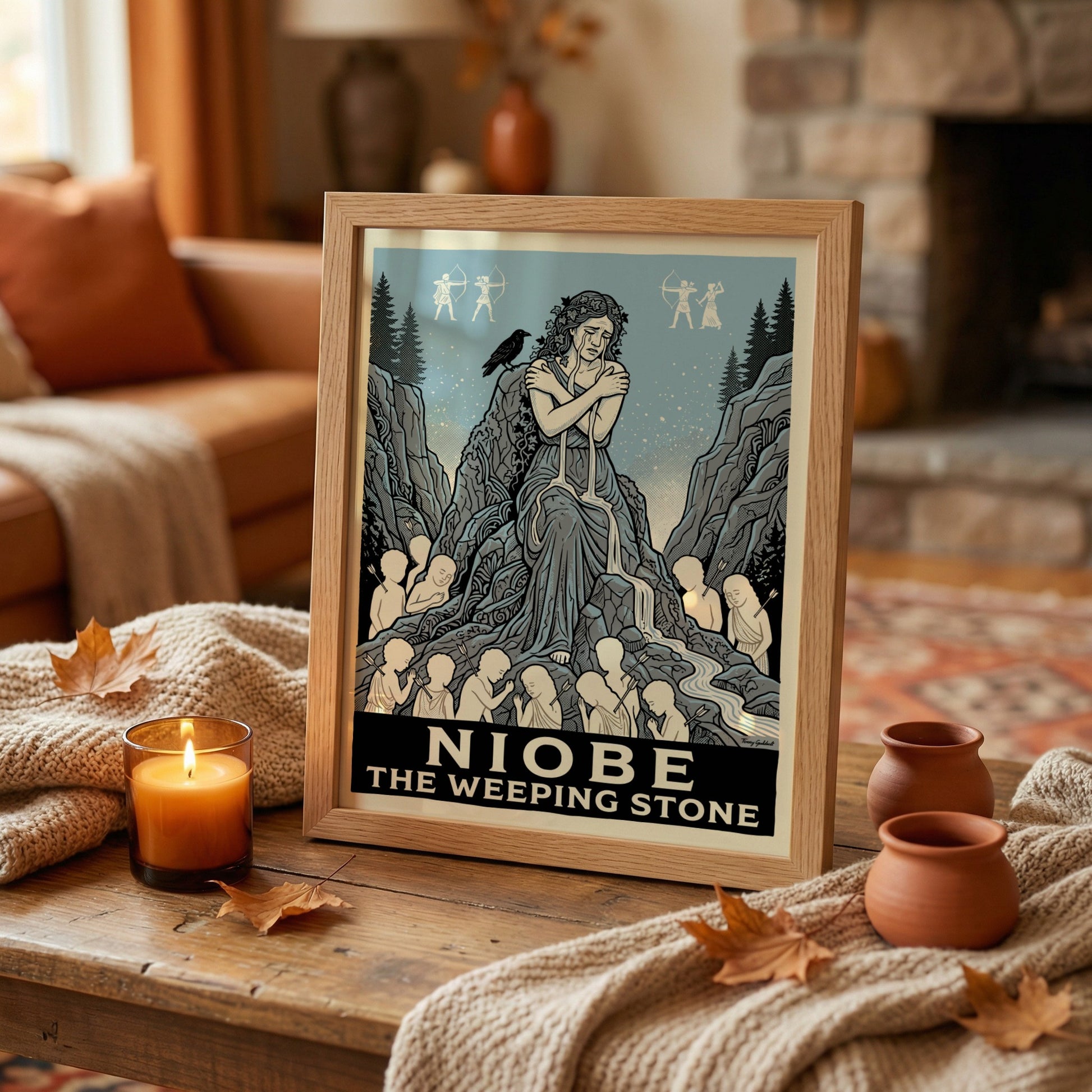 Niobe Greek mythology poster depicting a weeping woman as a stone, surrounded by children and mythological