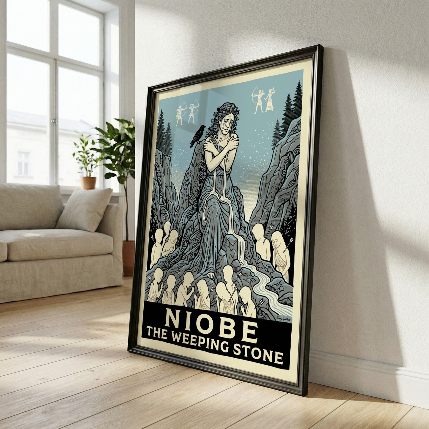 Niobe Greek mythology poster depicting a weeping woman as a stone, surrounded by children and mythological