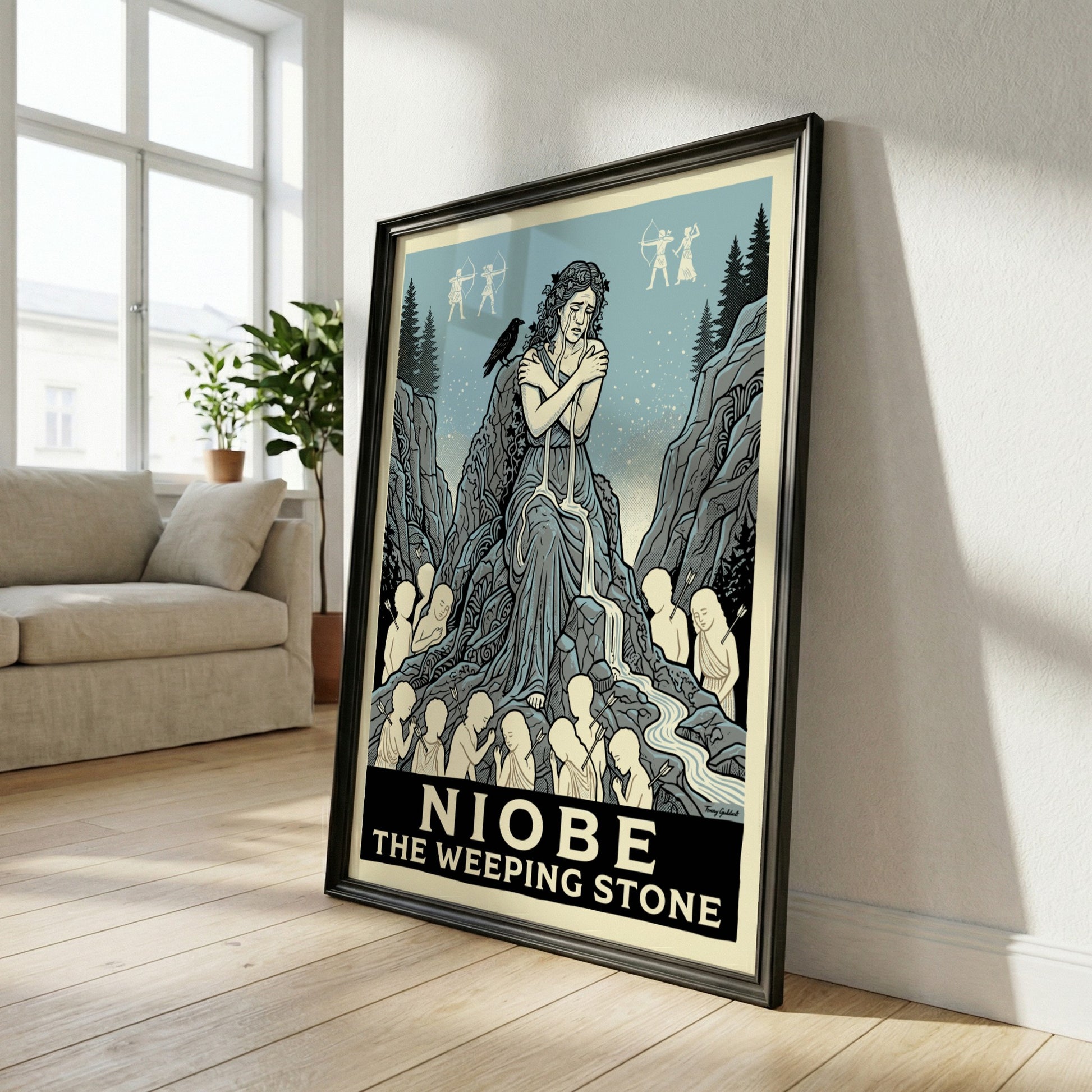 Niobe Greek mythology poster depicting a weeping woman as a stone, surrounded by children and mythological