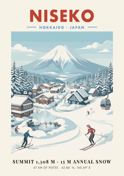Niseko ski resort poster featuring snowy mountains and village in vintage style